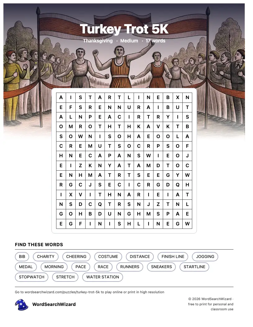 Turkey Trot 5K word search printable sheet, 17 words to find