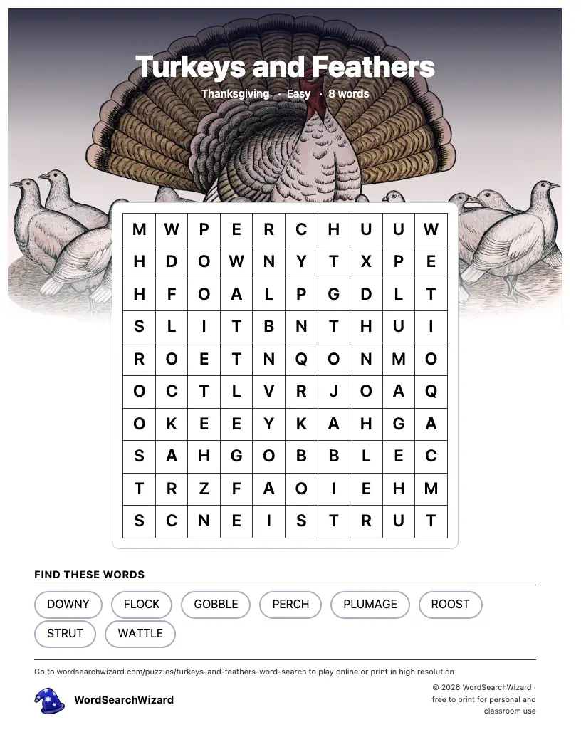 Turkeys and Feathers word search printable sheet, 8 words to find