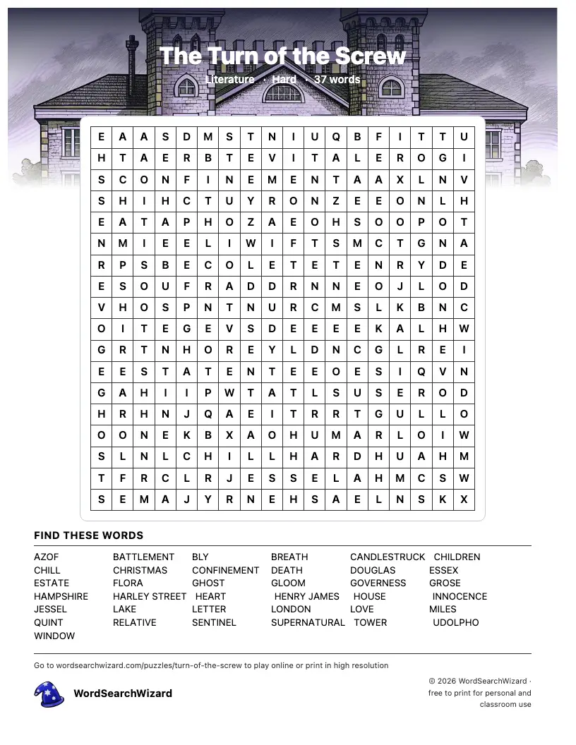 The Turn of the Screw word search printable sheet, 37 words to find