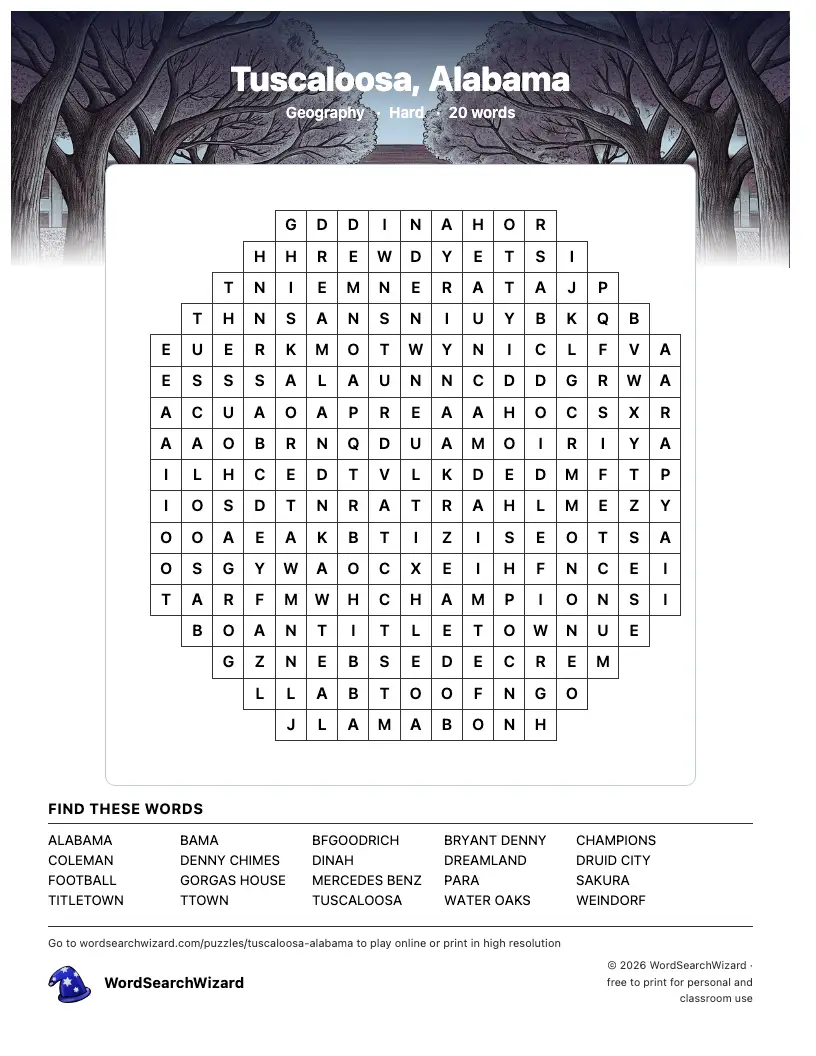Tuscaloosa, Alabama word search printable sheet, 20 words to find