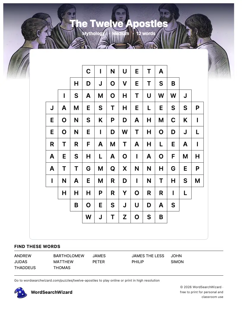 The Twelve Apostles word search printable sheet, 12 words to find