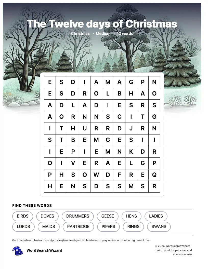 The Twelve days of Christmas word search printable sheet, 12 words to find