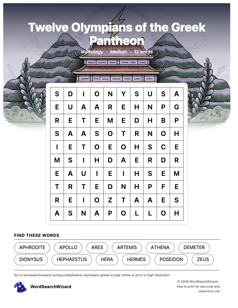 Twelve Olympians of the Greek Pantheon word search printable sheet, 12 words to find