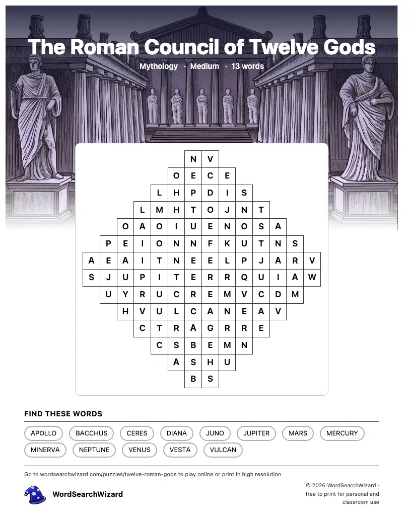 The Roman Council of Twelve Gods word search printable sheet, 13 words to find