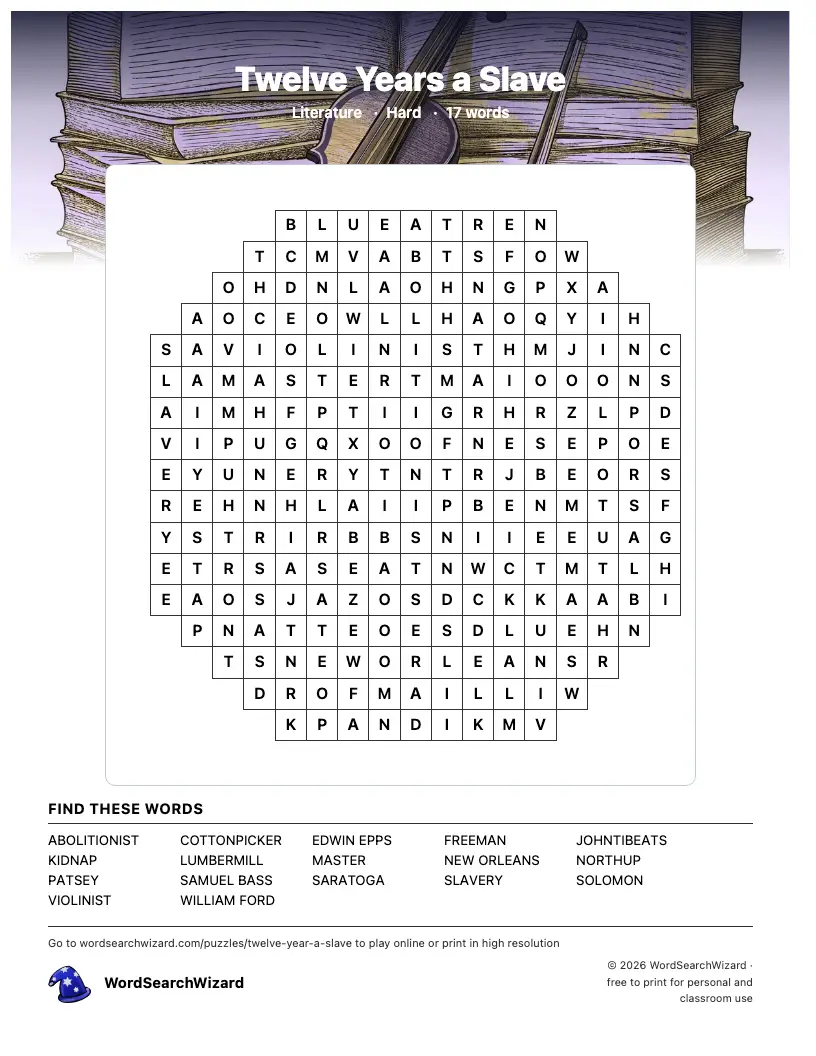 Twelve Years a Slave word search printable sheet, 17 words to find