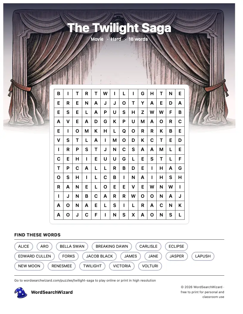 The Twilight Saga word search printable sheet, 18 words to find