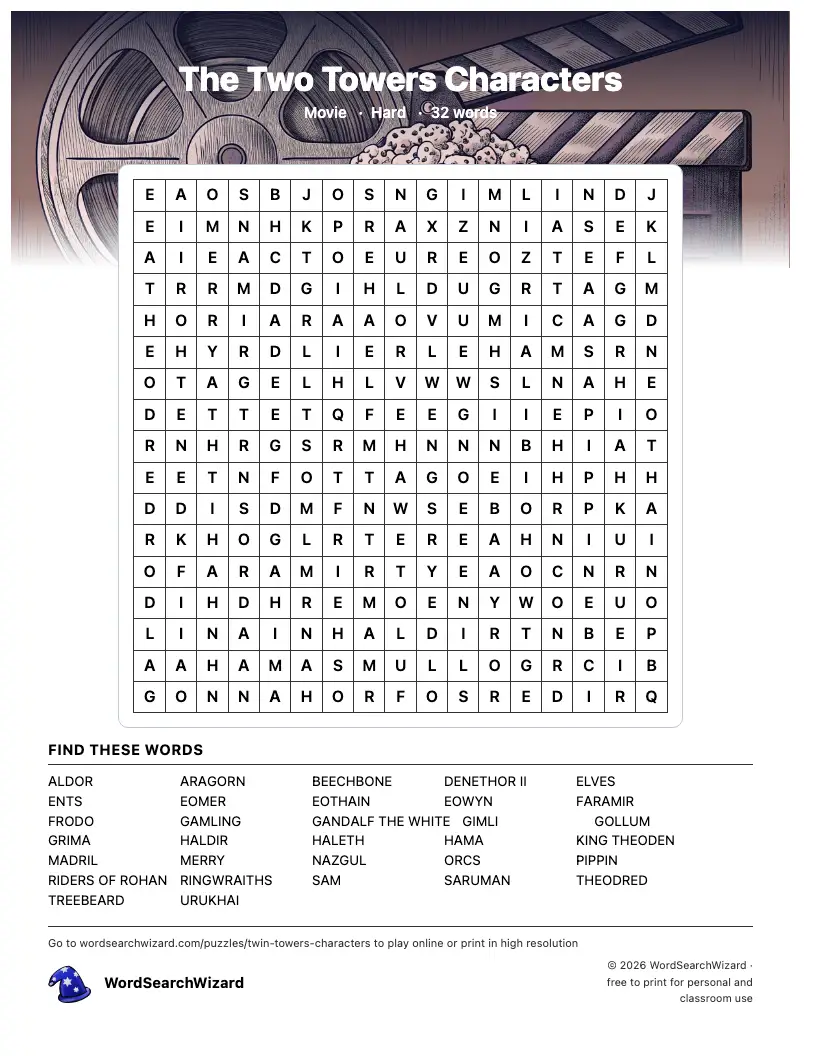 The Two Towers Characters word search printable sheet, 32 words to find