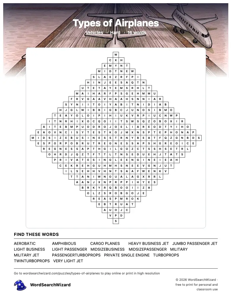 Types of Airplanes word search printable sheet, 16 words to find