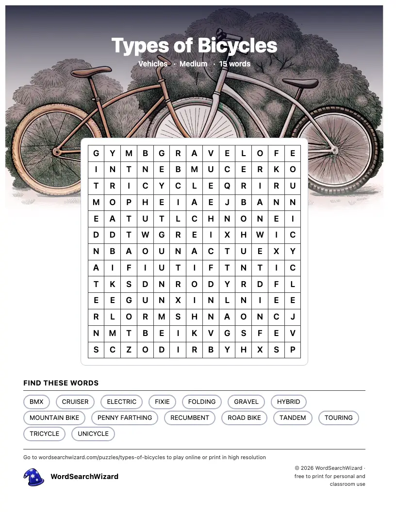 Types of Bicycles word search printable sheet, 15 words to find