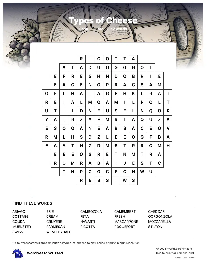Types of Cheese word search printable sheet, 22 words to find