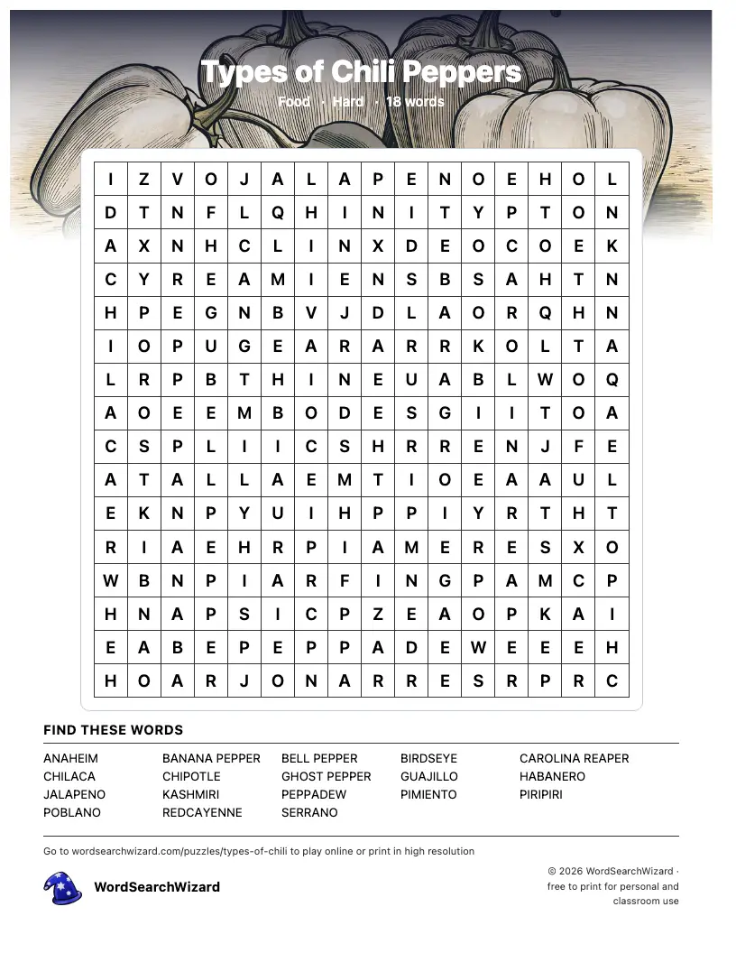 Types of Chili Peppers word search printable sheet, 18 words to find
