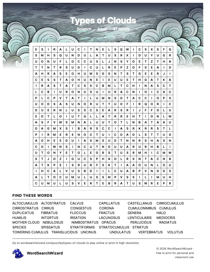 Types of Clouds word search printable sheet, 41 words to find