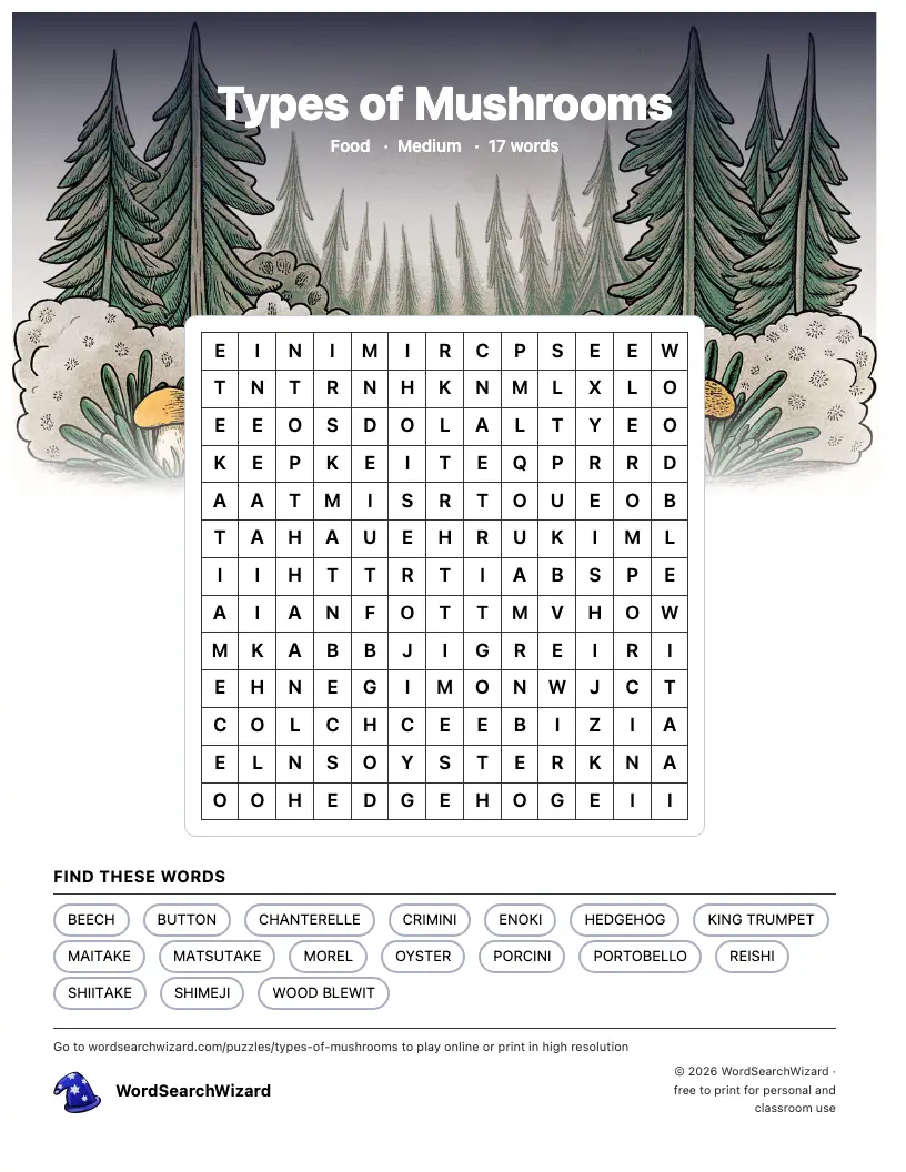 Types of Mushrooms word search printable sheet, 17 words to find