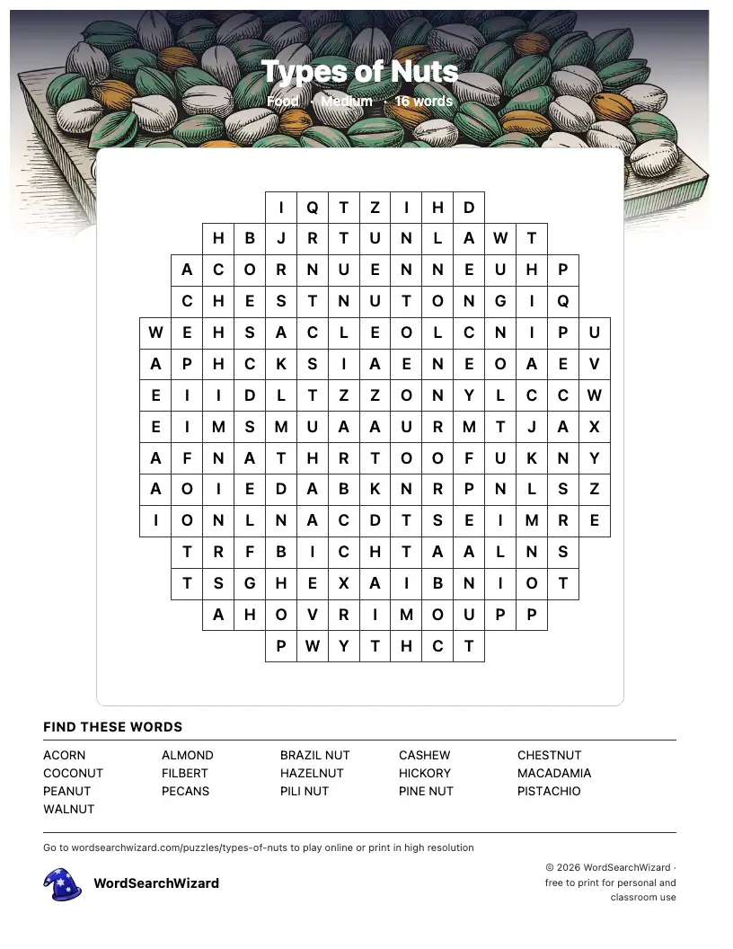 Types of Nuts word search printable sheet, 16 words to find