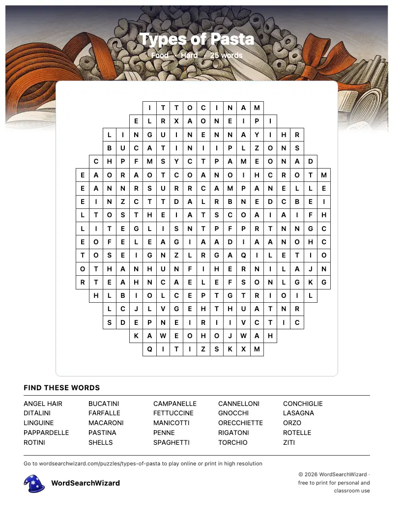 Types of Pasta word search printable sheet, 25 words to find