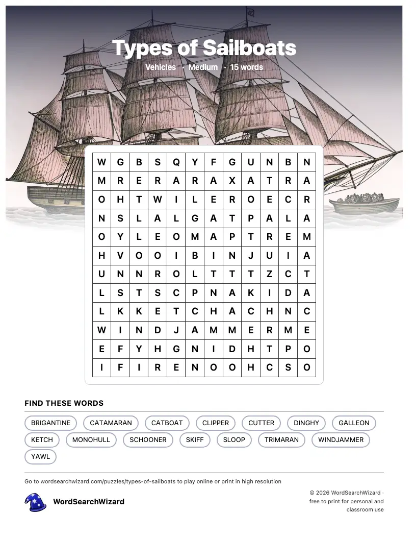Types of Sailboats word search printable sheet, 15 words to find