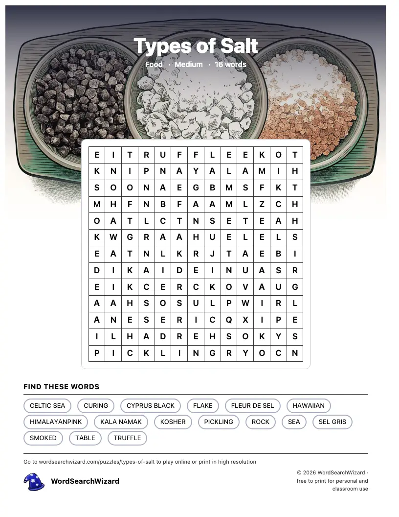 Types of Salt word search printable sheet, 16 words to find