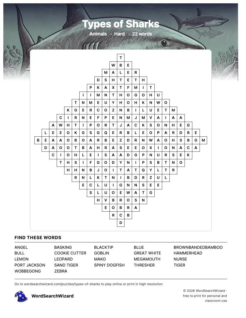 Types of Sharks word search printable sheet, 22 words to find