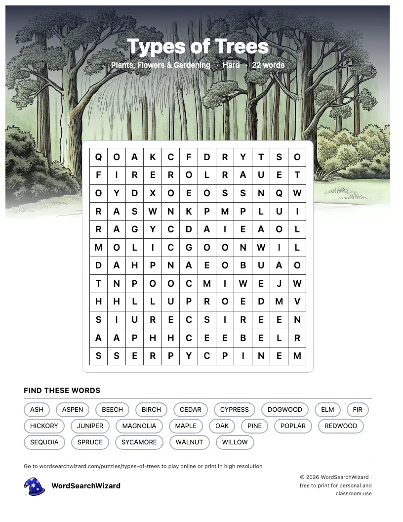 Types of Trees word search printable sheet, 22 words to find