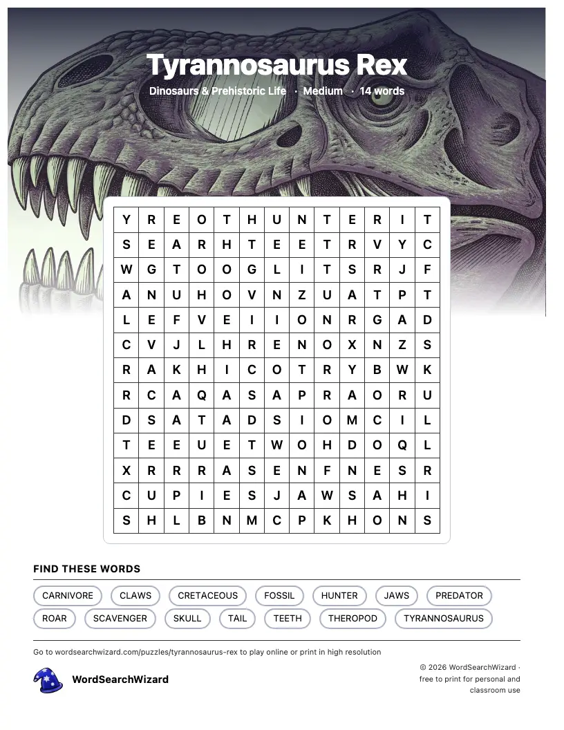 Tyrannosaurus Rex word search printable sheet, 14 words to find