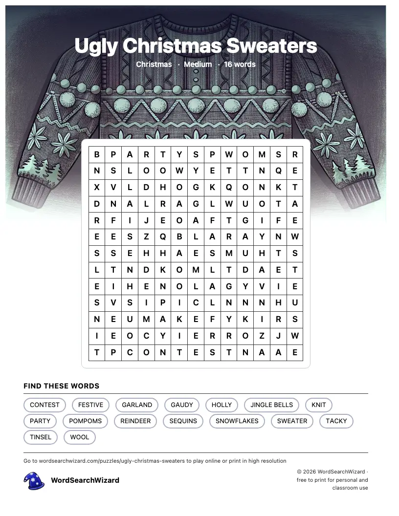 Ugly Christmas Sweaters word search printable sheet, 16 words to find