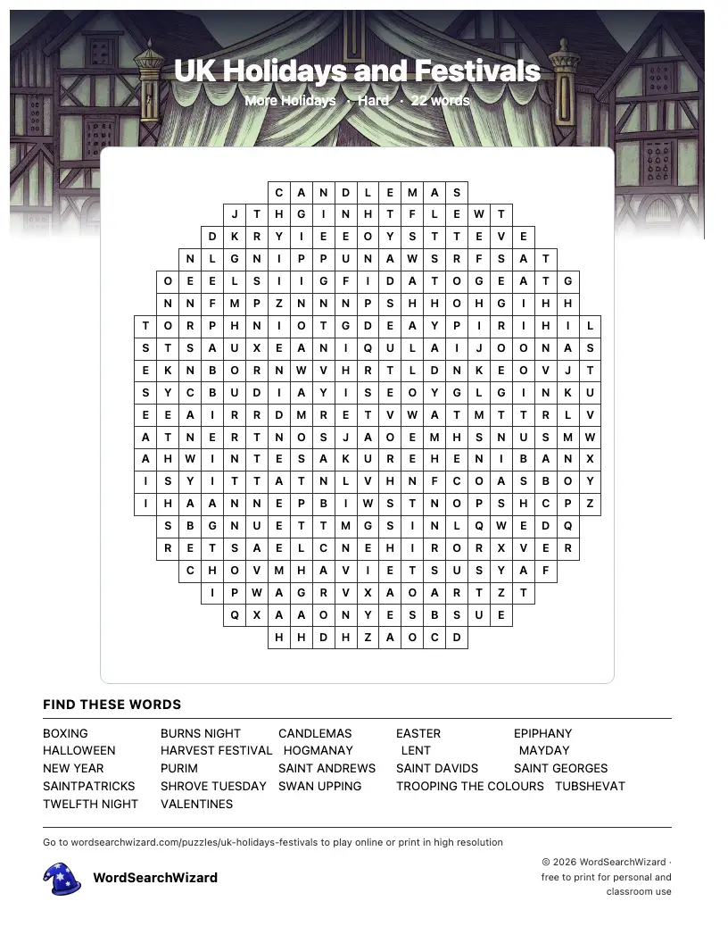 UK Holidays and Festivals word search printable sheet, 22 words to find