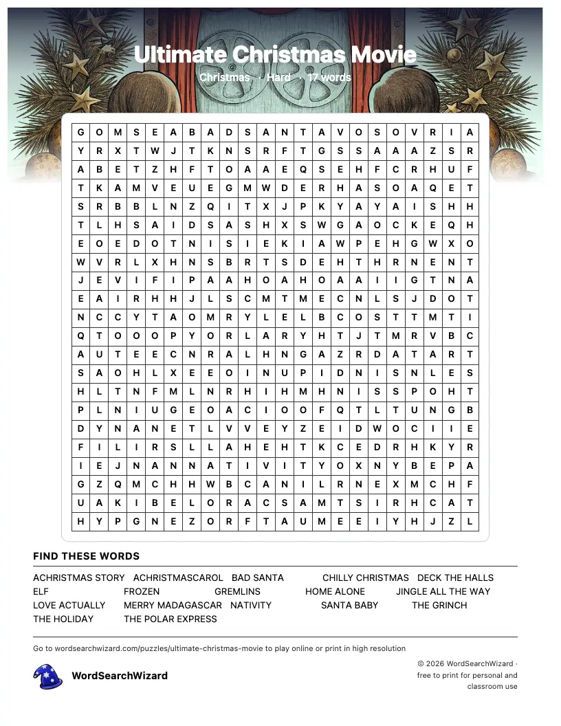 Ultimate Christmas Movie word search printable sheet, 17 words to find
