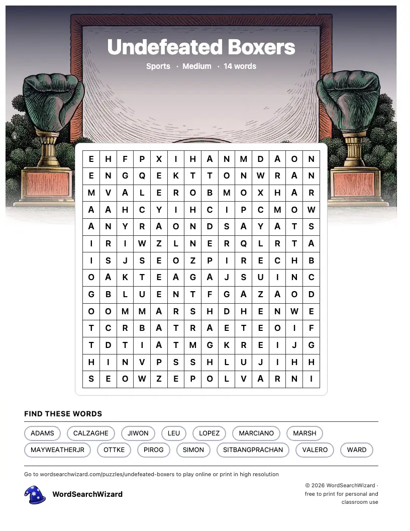 Undefeated Boxers word search printable sheet, 14 words to find