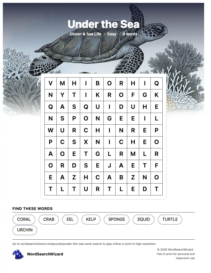 Under the Sea word search printable sheet, 8 words to find