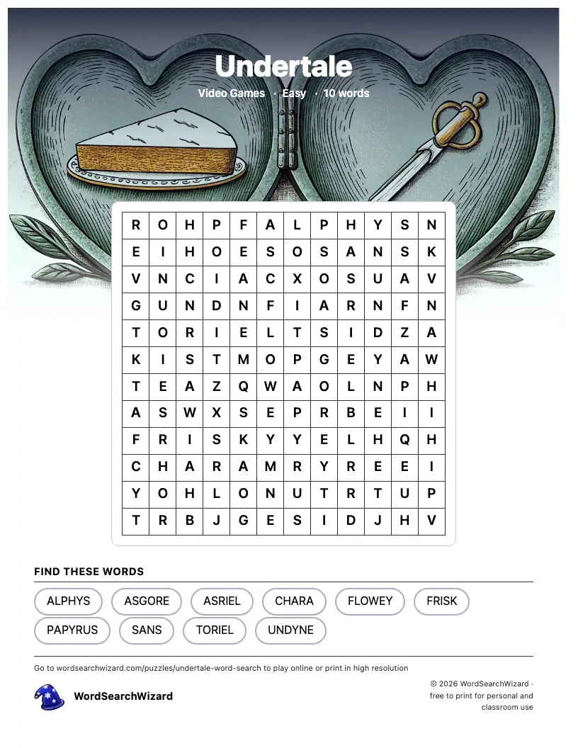 Undertale word search printable sheet, 10 words to find