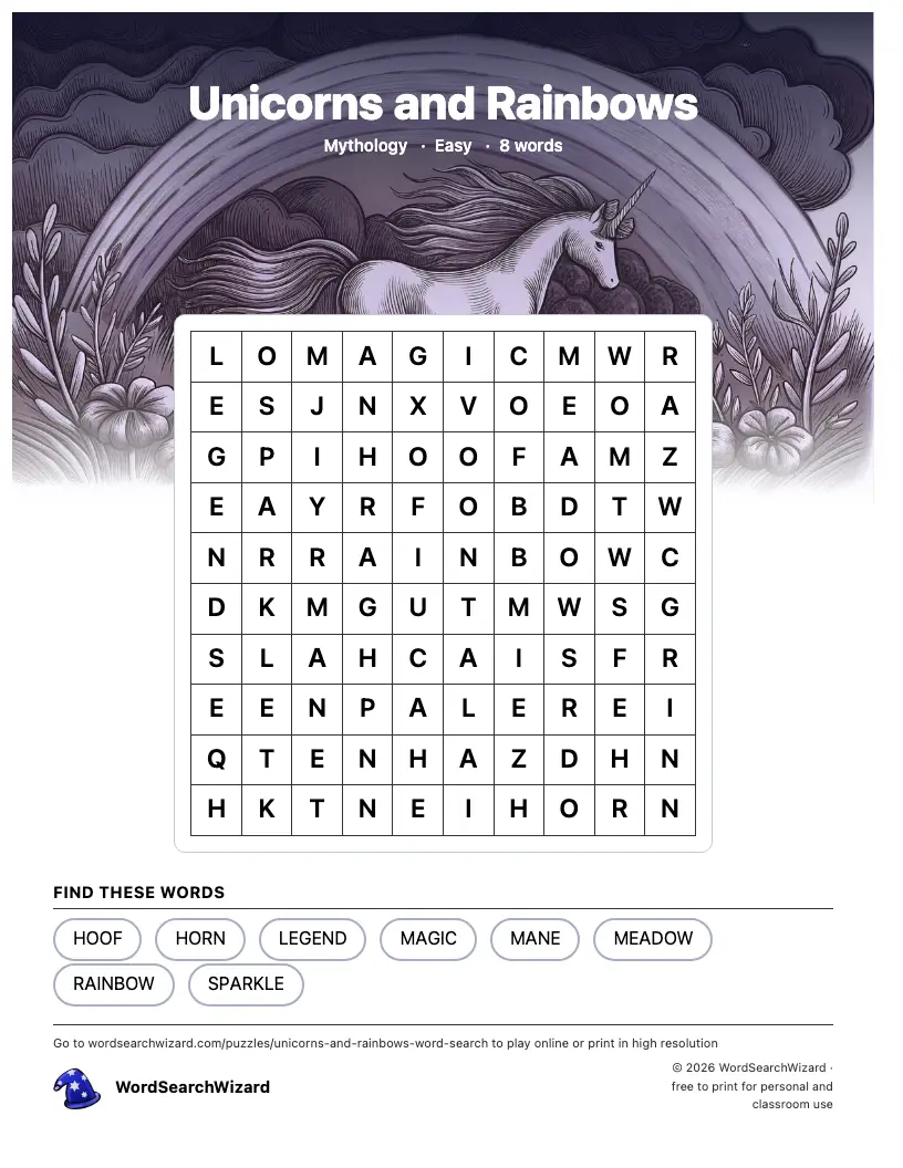Unicorns and Rainbows word search printable sheet, 8 words to find