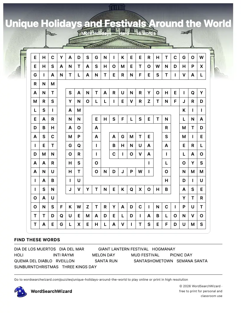 Unique Holidays and Festivals Around the World word search printable sheet, 16 words to find