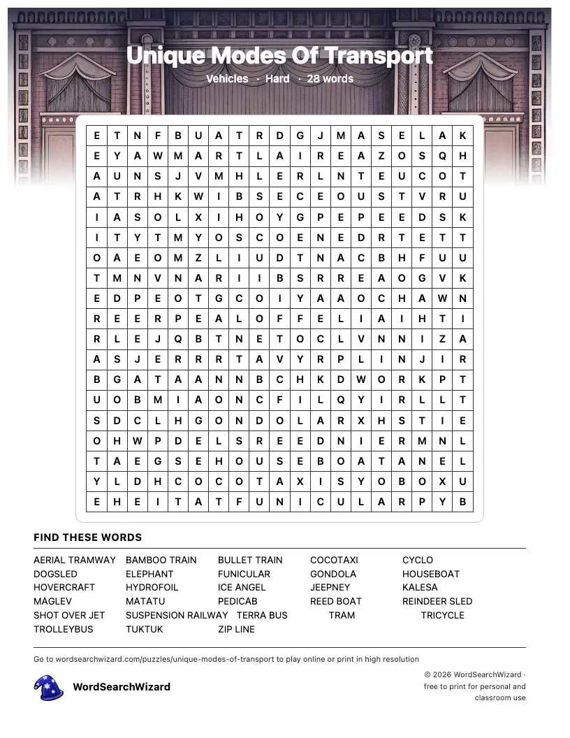 Unique Modes Of Transport word search printable sheet, 28 words to find