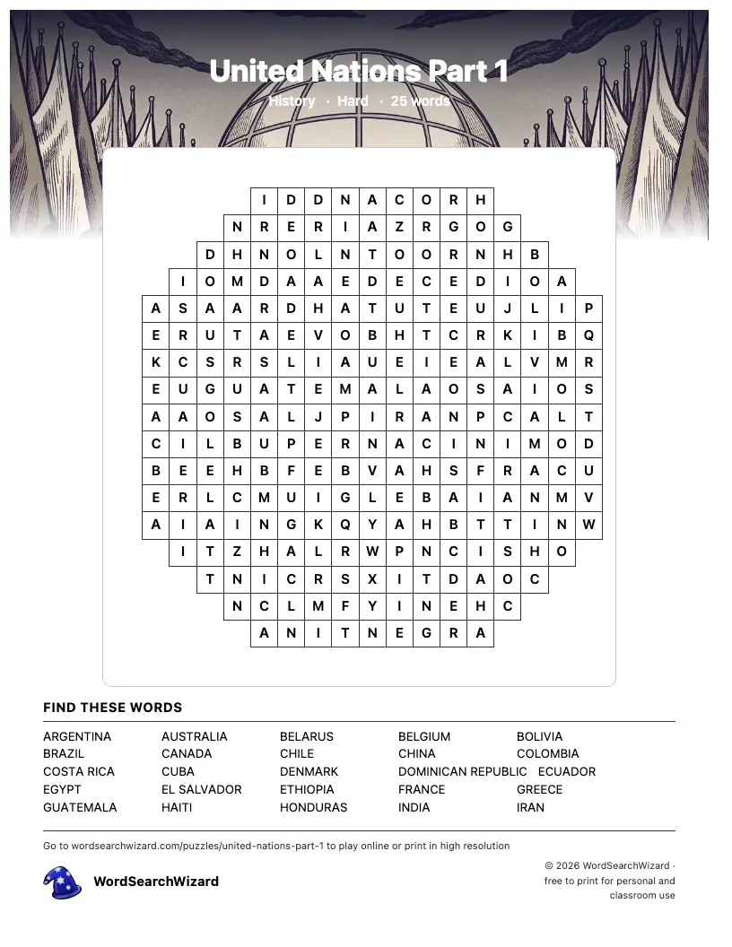 United Nations Part 1 word search printable sheet, 25 words to find