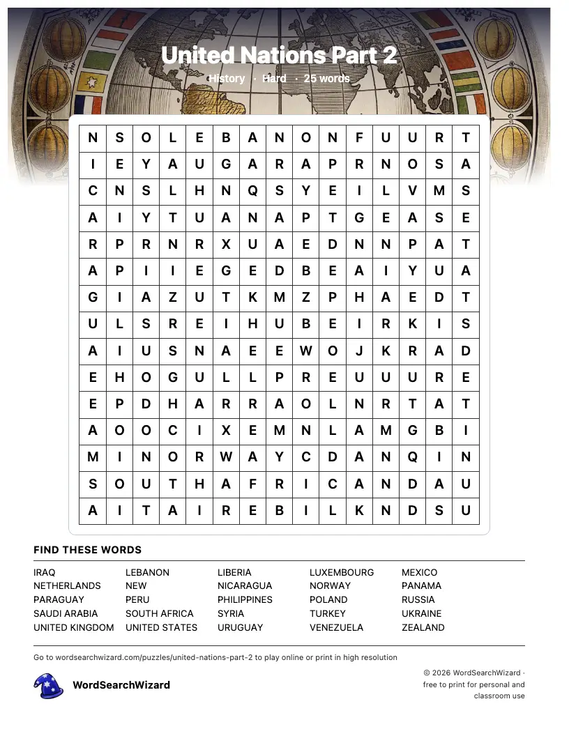United Nations Part 2 word search printable sheet, 25 words to find