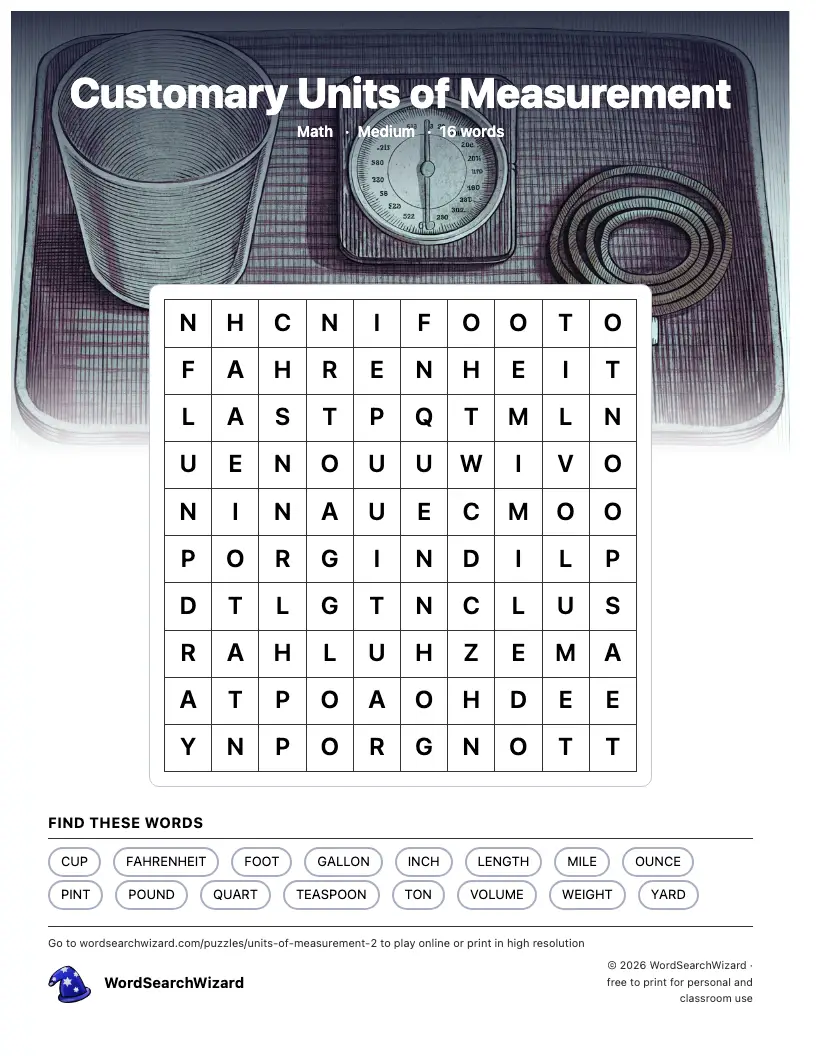 Customary Units of Measurement word search printable sheet, 16 words to find