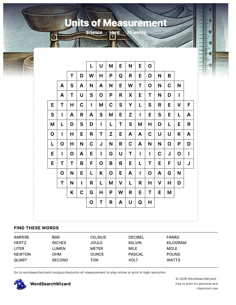 Units of Measurement word search printable sheet, 25 words to find