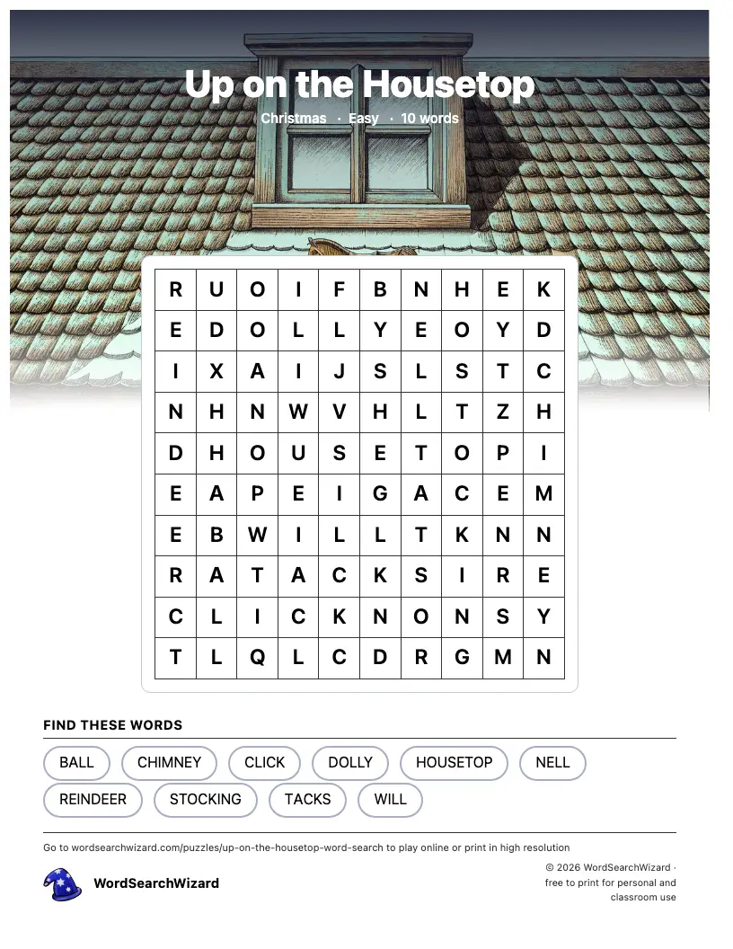 Up on the Housetop word search printable sheet, 10 words to find