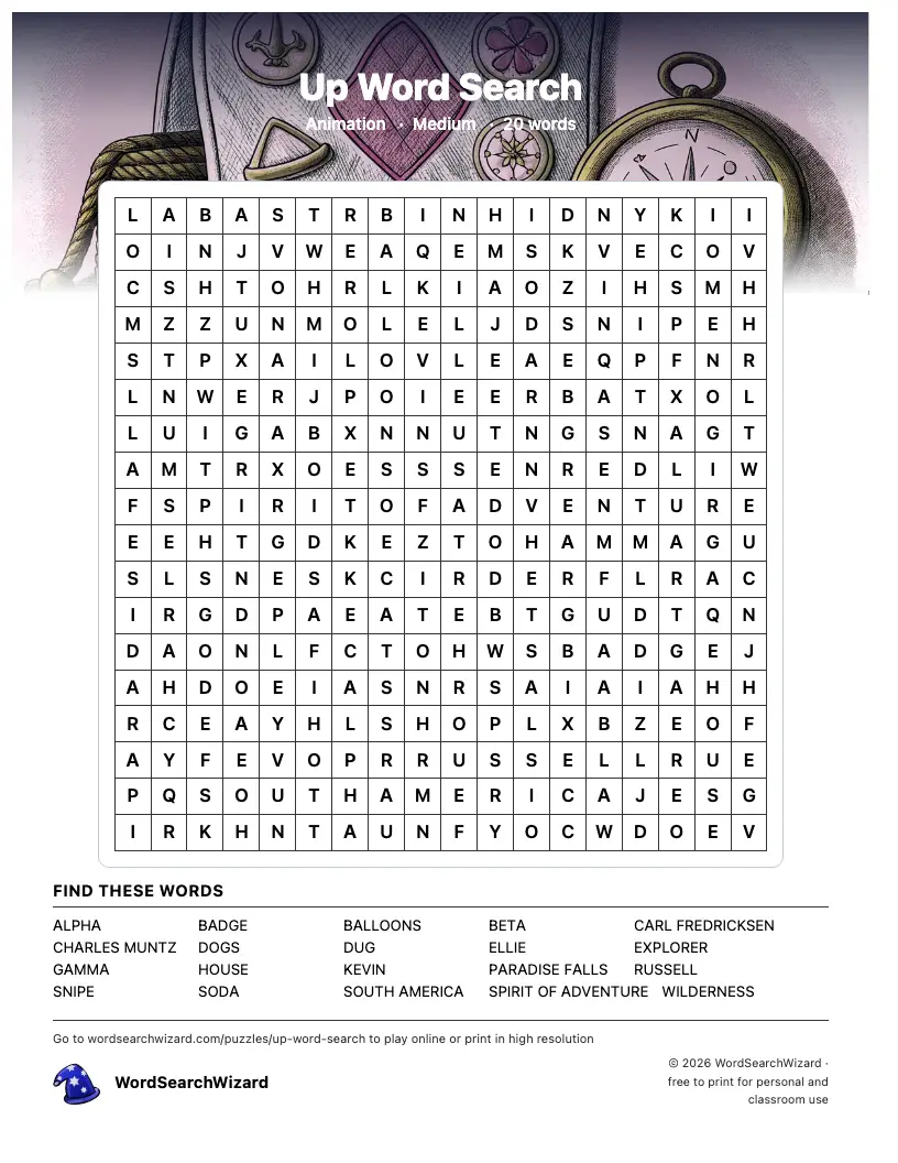 Up word search printable sheet, 20 words to find