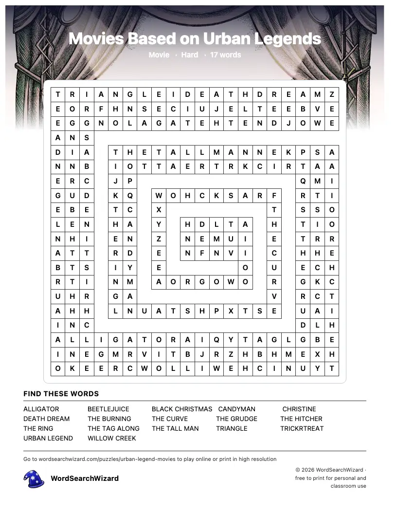 Movies Based on Urban Legends word search printable sheet, 17 words to find