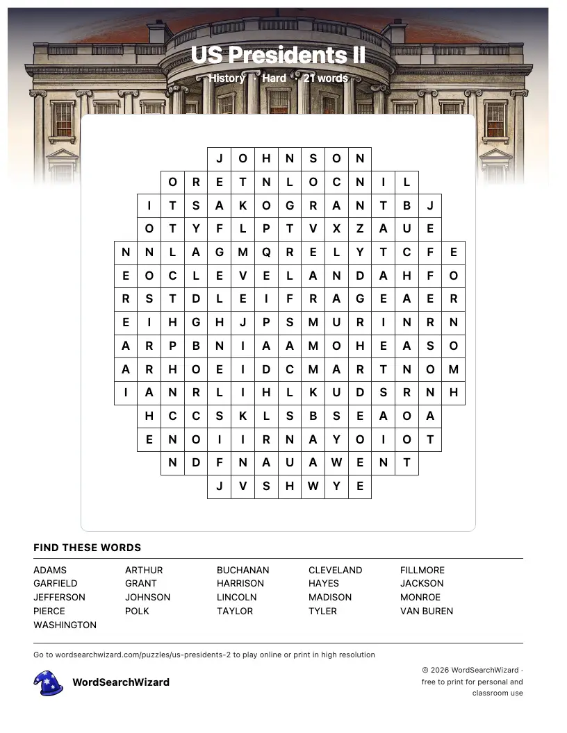 US Presidents II word search printable sheet, 21 words to find