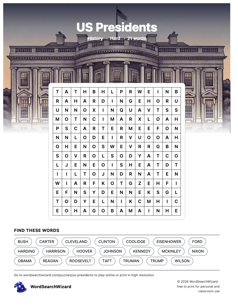 US Presidents word search printable sheet, 21 words to find
