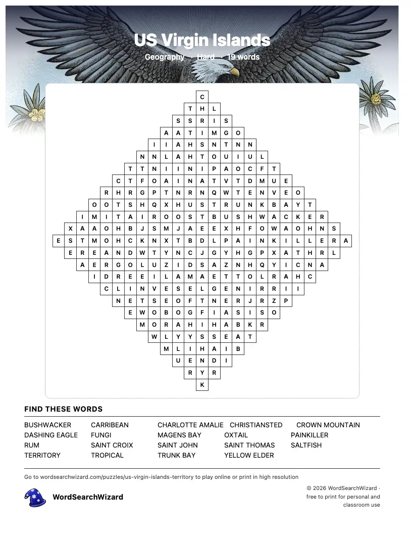 US Virgin Islands word search printable sheet, 19 words to find