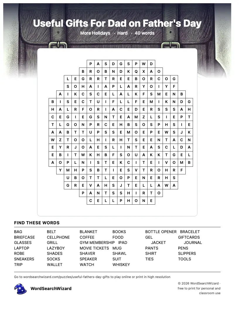 Useful Gifts For Dad on Father's Day word search printable sheet, 40 words to find