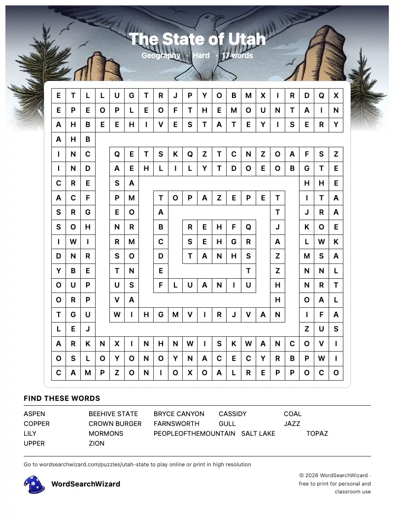 The State of Utah word search printable sheet, 17 words to find