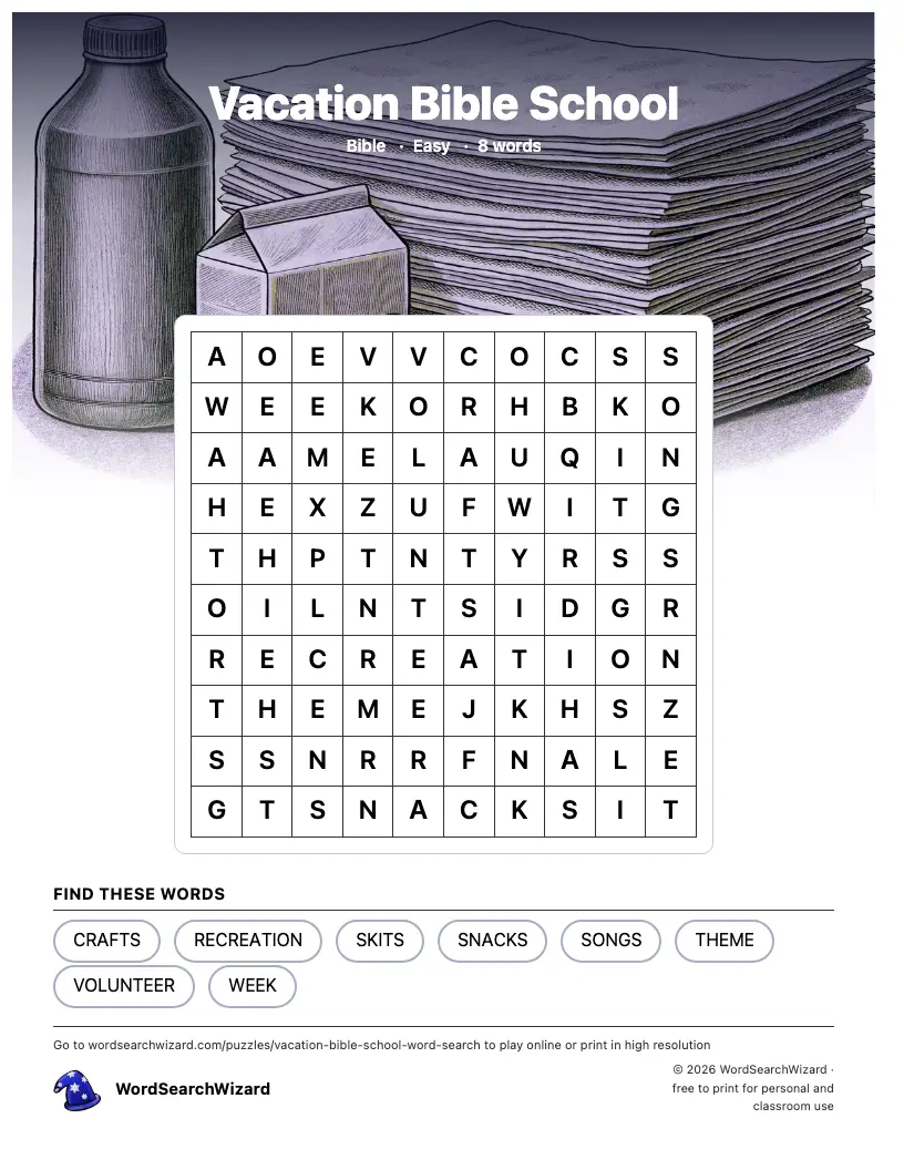 Vacation Bible School word search printable sheet, 8 words to find