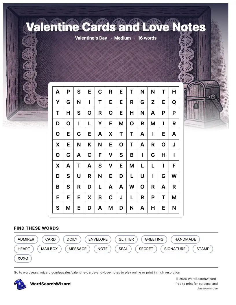 Valentine Cards and Love Notes word search printable sheet, 16 words to find