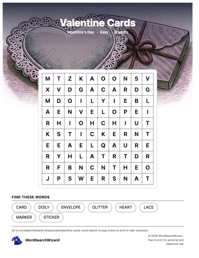 Valentine Cards word search printable sheet, 8 words to find