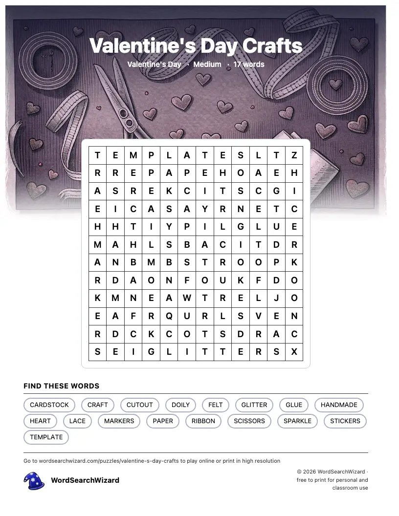 Valentine's Day Crafts word search printable sheet, 17 words to find