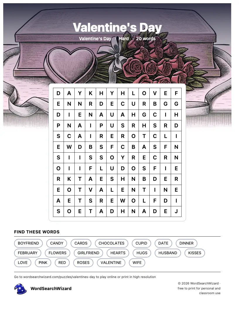 Valentine's Day word search printable sheet, 20 words to find